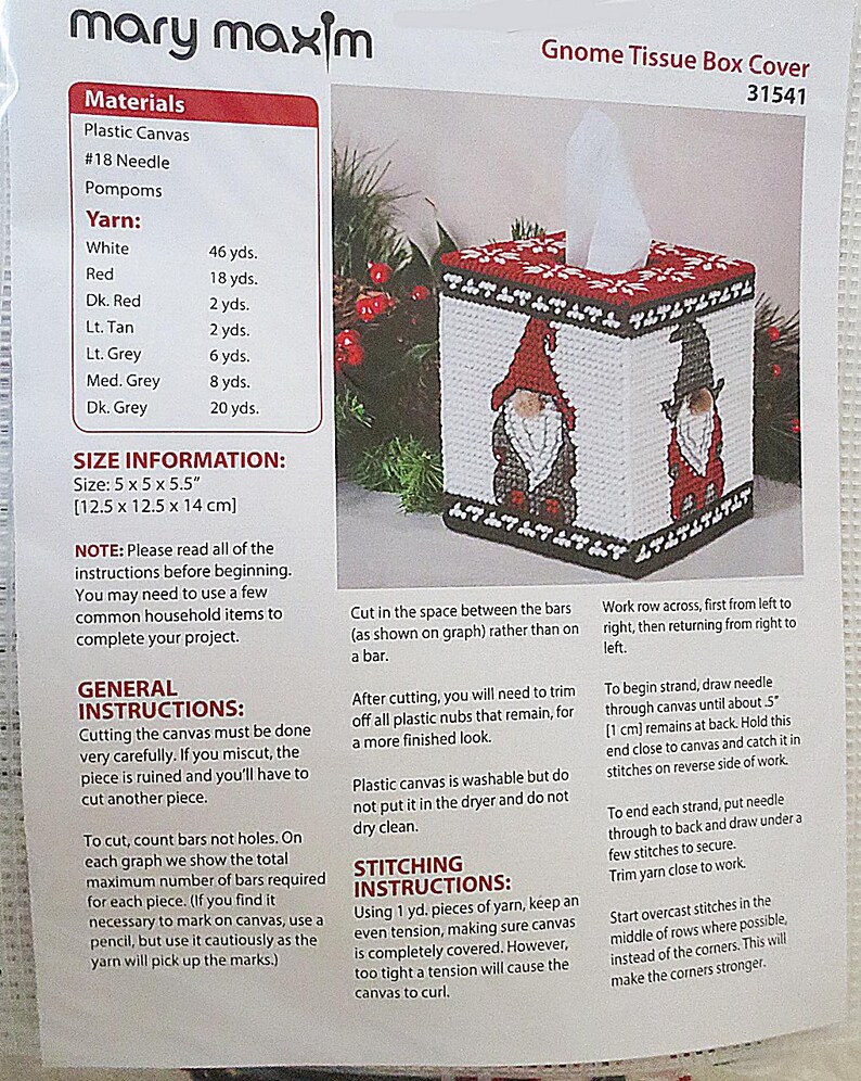 Mary Maxim Gnome Tissue Box Cover Plastic Canvas Kit Etsy