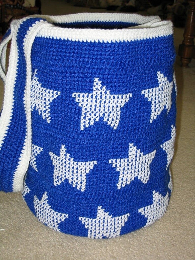 Handmade Crochet Royal Blue Beach Bag wWhite Stars