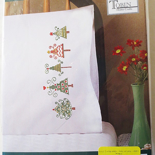 Design Works Crafts Christmas Trees Pillowcase Pair Stamped Embroidery Kit