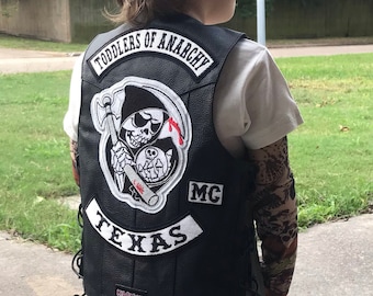 TODDLERS OF ANARCHY Leather Vest and Patch set, Sons of Anarchy Fan, Kids Motorcycle Leather Vest, Embroidery Patches, Harley Davidson Kids