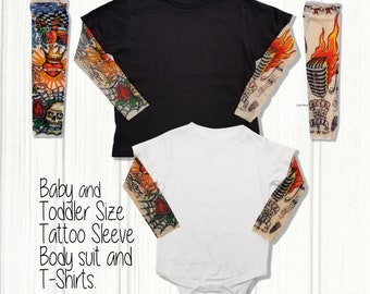 タトゥースリーブのベビーボディスーツ、ベビーロンパース、ベビークリーパー、幼児用Tシャツ、バイカー、パンクロッカー、ハロウィンコスチューム、パパやママのようなタッティ