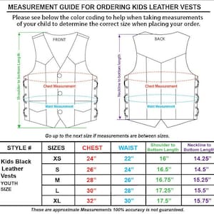 May include: A size chart for kids' leather vests. The chart shows measurements for chest, waist, shoulder to bottom length, and neckline to bottom length in inches. Sizes range from XS to XL.