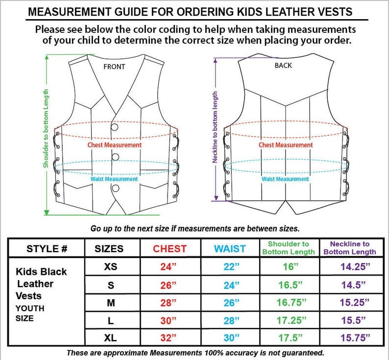 May include: A size chart for kids' leather vests. The chart shows measurements for chest, waist, shoulder to bottom length, and neckline to bottom length in inches. Sizes range from XS to XL.