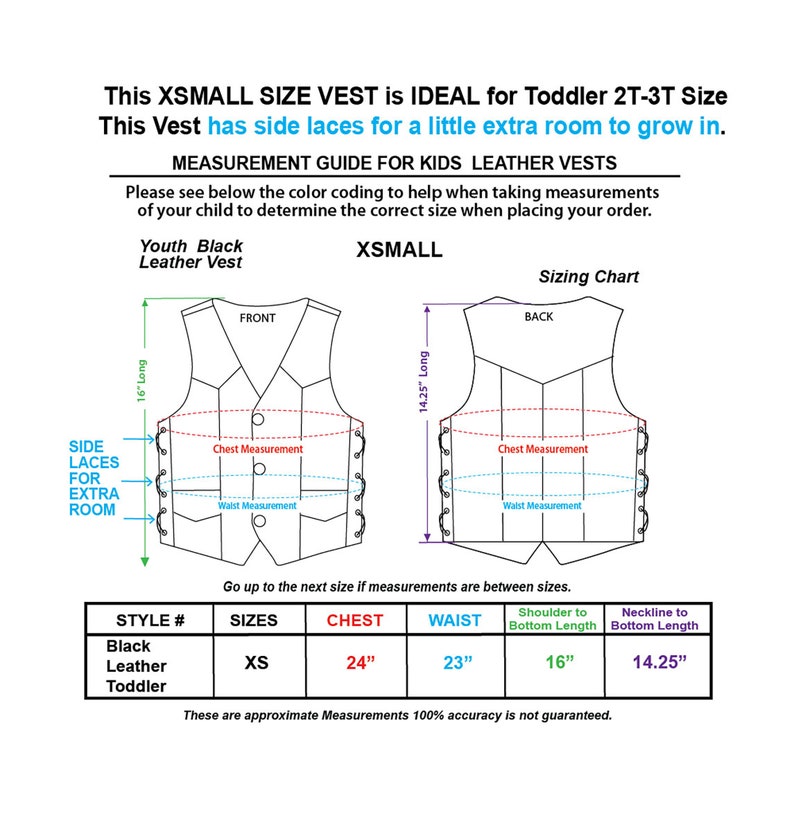 May include: A size chart for a black leather toddler vest with side laces. The chart shows measurements for chest, waist, shoulder to bottom length, and neckline to bottom length. The vest is available in size XS, with a chest measurement of 24 inches, a waist measurement of 23 inches, a shoulder to bottom length of 16 inches, and a neckline to bottom length of 14.25 inches.