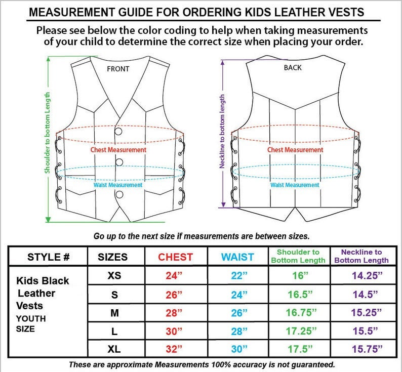 May include: Measurement guide for kids' black leather vests, including chest, waist, shoulder to bottom length, and neckline to bottom length measurements in inches. The guide also shows front and back vest diagrams with measurement points.