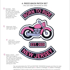 May include: A set of four pink and black motorcycle patches. The patches include the words "Born to Ride", "EST. 2020", "New Jersey", and a motorcycle graphic. The patches are approximately 6.5 inches wide and 2.25 inches tall.