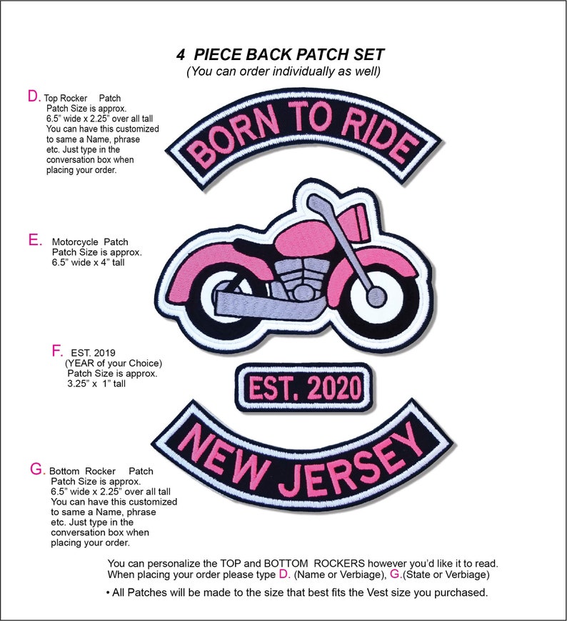 May include: A set of four pink and black motorcycle patches. The patches include the words "Born to Ride", "EST. 2020", "New Jersey", and a motorcycle graphic. The patches are approximately 6.5 inches wide and 2.25 inches tall.
