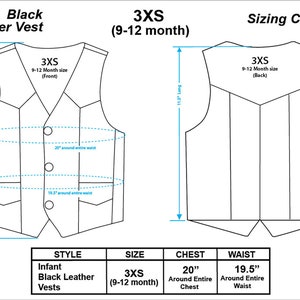 May include: Sizing chart for an infant black leather vest in size 3XS (9-12 months). The chart shows the vest's measurements for chest and waist, with the chest measuring 20 inches around and the waist measuring 19.5 inches around.