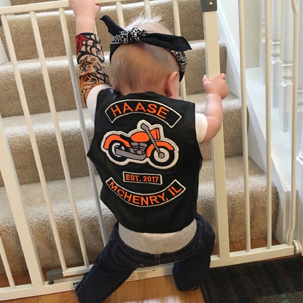 Baby Biker Leather Vest with Patches, Harley Davidson Baby, Baby's 1st Birthday, Sons of Anarchy, Biker Life, Motorcycles, Baby shower gift