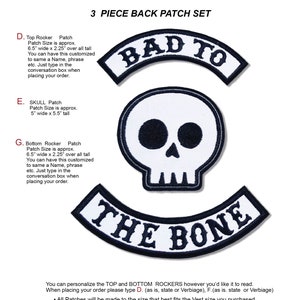 May include: A three-piece back patch set featuring a skull and two arched patches. The top patch reads "BAD TO" and the bottom patch reads "THE BONE" in black lettering. The skull patch is centered. The patches are white with black borders.