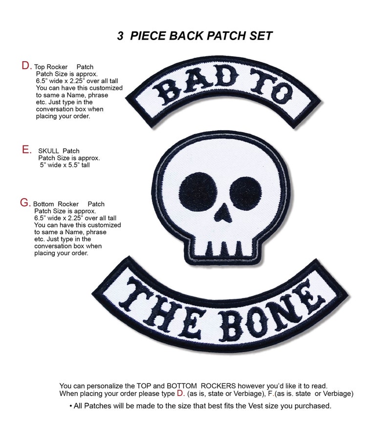 May include: A three-piece back patch set featuring a skull and two arched patches. The top patch reads "BAD TO" and the bottom patch reads "THE BONE" in black lettering. The skull patch is centered. The patches are white with black borders.