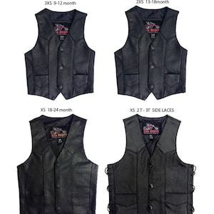 May include: Four black leather vests for children, each with a different size and style. The vests have button closures and pockets. The sizes are 3XS (9-12 months), 2XS (13-18 months), XS (18-24 months), and XS (2T-3T side laces).