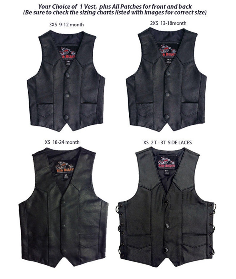 May include: Four black leather vests for children, each with a different size and style. The vests have button closures and pockets. The sizes are 3XS (9-12 months), 2XS (13-18 months), XS (18-24 months), and XS (2T-3T side laces).
