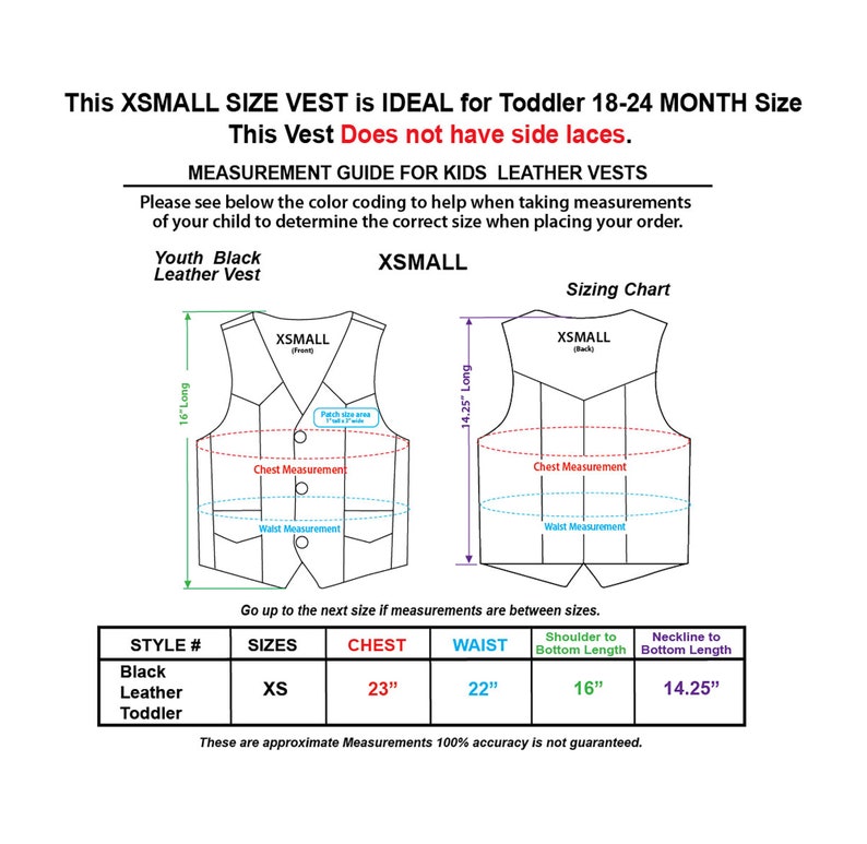 May include: Size chart for a black leather toddler vest. The chart shows measurements for chest, waist, shoulder to bottom length, and neckline to bottom length. The vest is available in size XS. Measurements are in inches.