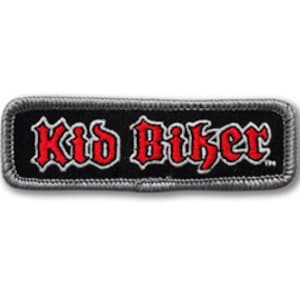 May include: Black and gray embroidered patch with the text "Kid Biker" in red.
