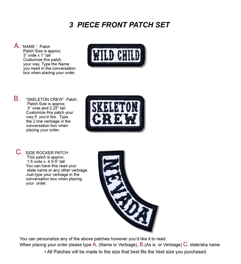 May include: A set of three embroidered patches. The first patch reads "WILD CHILD" in white on a black rectangle. The second patch says "SKELETON CREW" in white on a black rectangle. The third patch is a curved patch that says "NEVADA" in white on a black background.