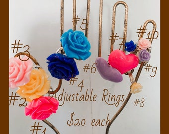 Adjustable, Handmade, Roses, Hearts, Rings!