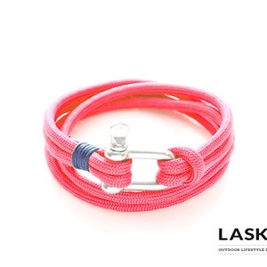 Pink Fluo & Silver Shackle Double Bracelet, Sailing Rope Bracelet, Men and Women Bracelet, Unisex Ocean Surf Jewelry, Climbers Bracelet image 1