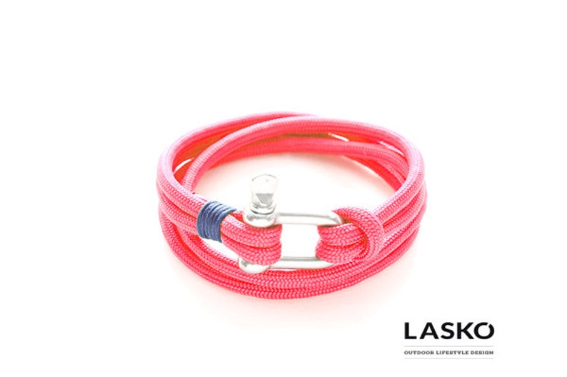 Pink Fluo & Silver Shackle Double Bracelet, Sailing Rope Bracelet, Men and Women Bracelet, Unisex Ocean Surf Jewelry, Climbers Bracelet image 1