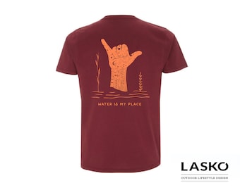 LASKO Water is my place | Shaka t-shirt bordeaux cotone organico certificato inchiostro a base d’acqua alta qualità super soft unisex vegan