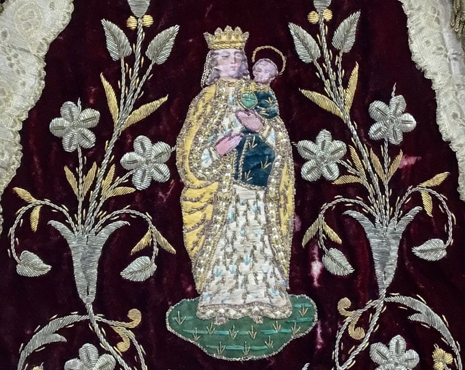 A stunning late 17th Century Embroidery Ecclesiastical Virgin Mary Antique Religious appliqué Needlework French Baroque velvet Hanging