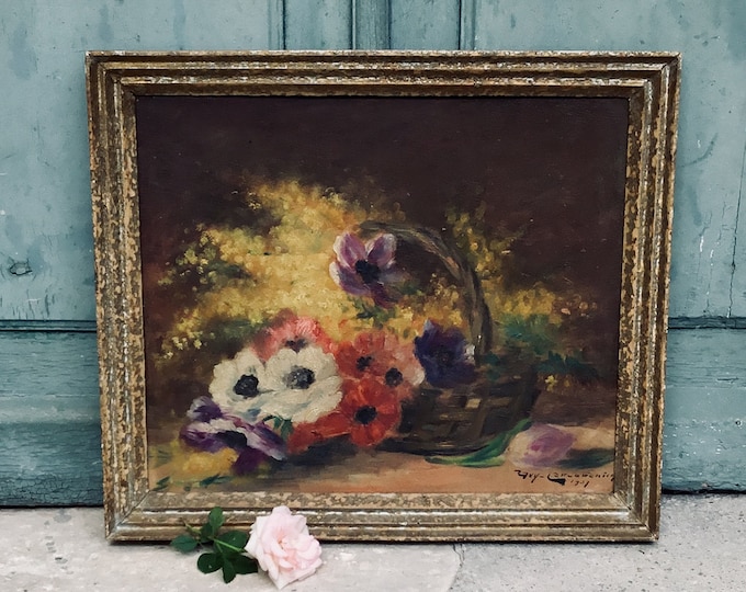 Roses oil painting antique french oil on canvas - french roses - flowers still life painting - original frame