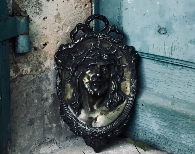 Beautiful antique French religious bronze plaque - ex voto Jesus Christ - our man of sorrows - Catholic bronze - Christian