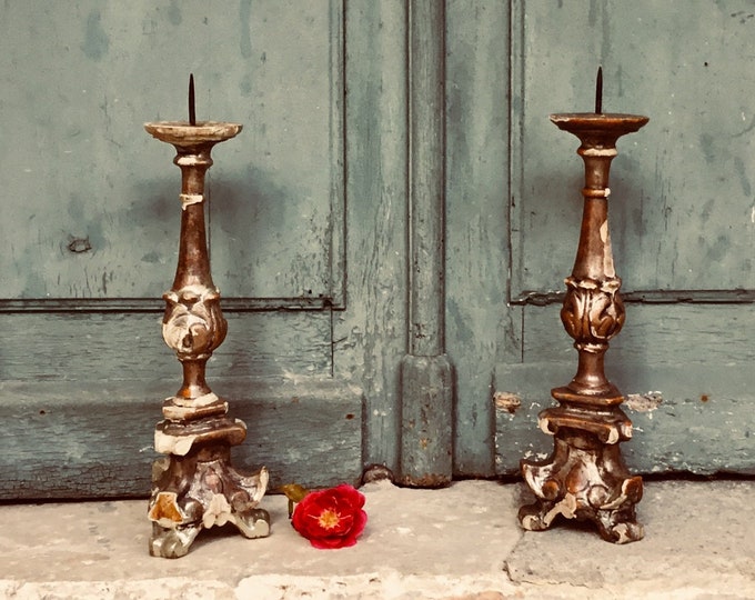 Antique silver Gilt pricket candlesticks - An Exquisite pair of Hand Carved, Gilded Italian baroque 17th century church altar Candlesticks