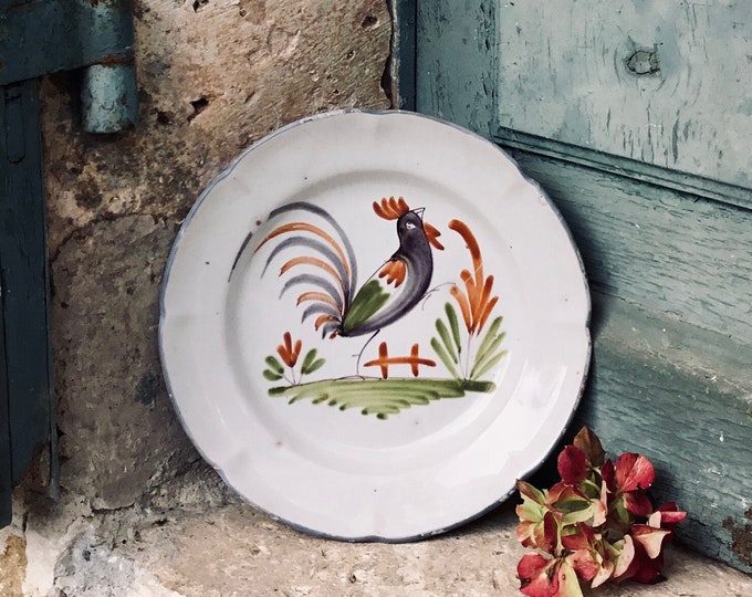 An utterly charming antique French de Nevers faience ware hand painted plate 18th century pottery iron ware - iron stone cockerel decor