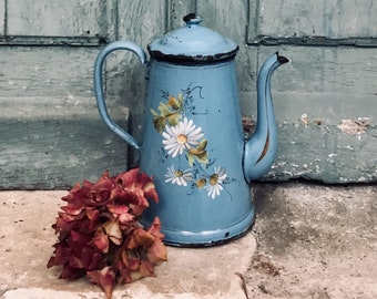 Vintage blue enamel coffee pot percolator insert cobalt blue speckled pot w lid farmhouse decor cabin cowboy coffeepot camping gear