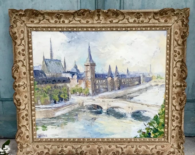 A stunning original French impressionist oil painting on board - Pont Neuf Paris. Signed Denis 1952 within an antique Montparnasse frame.