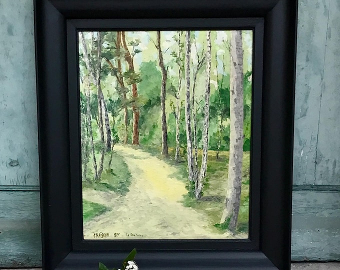 French impressionist esq painting - Beautifully evocative vintage french oil on board framed landscape painting of a woodland scene