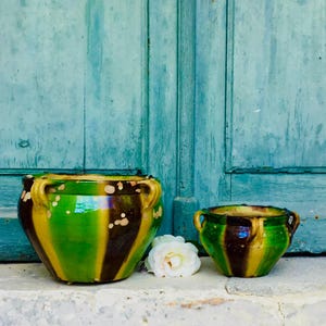 A Matched Pair of Antique French Castelnaudary tri colour drip Glazed ochre & Green Terracotta Planters