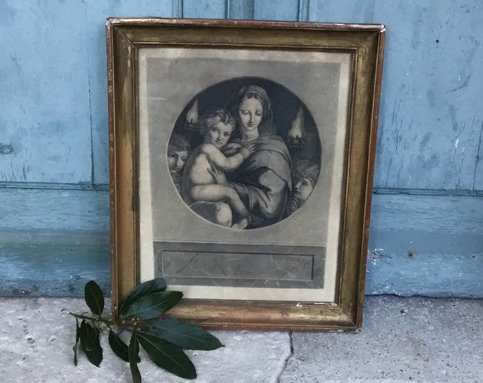 A beautiful antique Charcoal drawing of the Madonna of the Madonna Della Seggiola, a copy after Raphael - Virgin Mary & Jesus Christ child