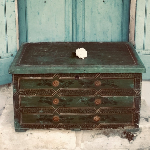 A beautiful hand painted antique French large Normandy hope Box -  marriage chest - dowry chest - blanket box - wedding chest - 18th C