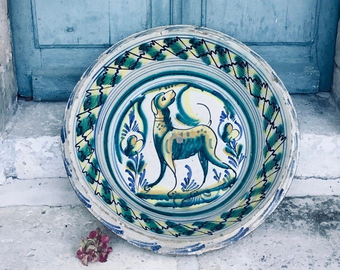 A stunning HUGE antique Spanish Lebrillo bowl - Granada ware - Triana ware - hand painted Spanish antique earthenware - green - ochre