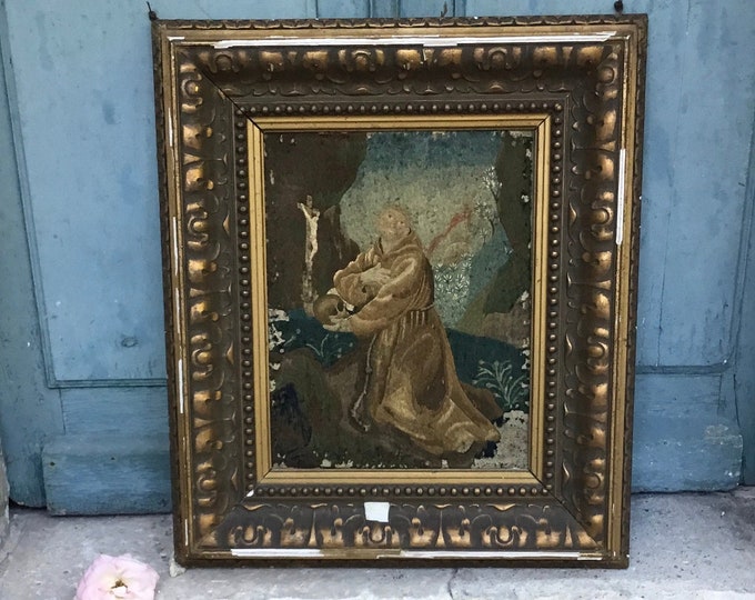 A stunning Late 17th century antique European hand embroidered silk & wool needlework depicting Saint Jerome - religious art