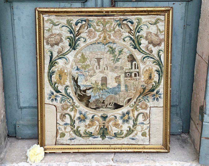 A stunning early antique English Queen Anne silk needlework picture of very large proportions, circa 1690-1710