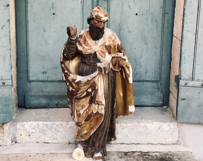 A beautiful Large late 17th century gilt wood, polychrome hand carved Statue of St Paul, Italian Renaissance Santo, Santos figure