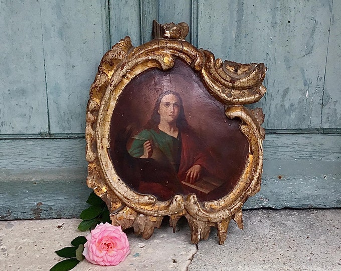 An antique Baroque Italian altar panel of Saint John the Evangelist, Neapolitan cartouche hand carved gilt wood of John the Presbyterarian