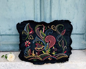 A beautiful antique hand embroidered pillow, French cushion in Silk embroidery on satin, French Belle Époque, handmade and embroidered.