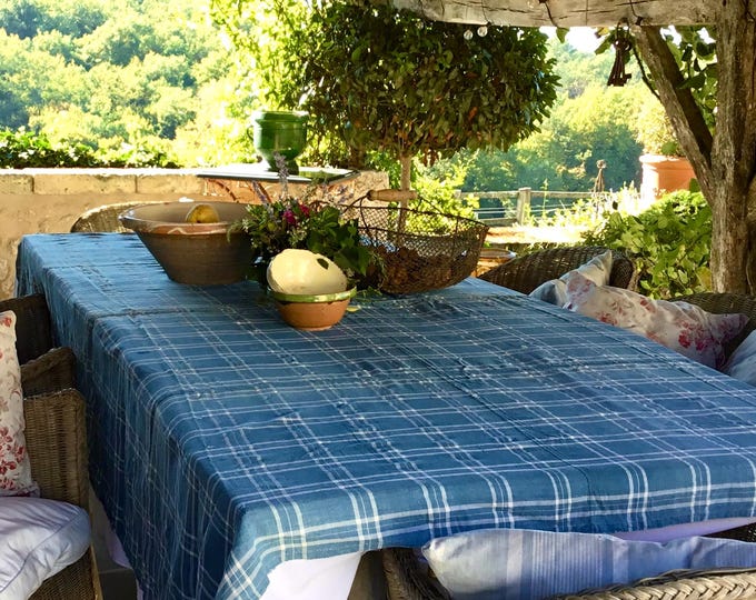 Antique French Indigo Plaid Fabric: 18th Century Blue & White Vichy Check