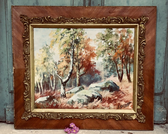 French oil painting - Beautifully evocative large antique landscape - framed - French landscape - French art - woodland art
