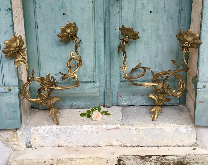 18th Century gilded Toleware lights - the most incredible pair of handmade antique French gilt Tole ware wall sconces of large proportions