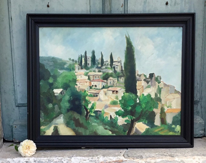 Impressionist landscape painting - Beautifully evocative vintage french oil on canvas oil painting of La Roque sur Ceze provençal painting