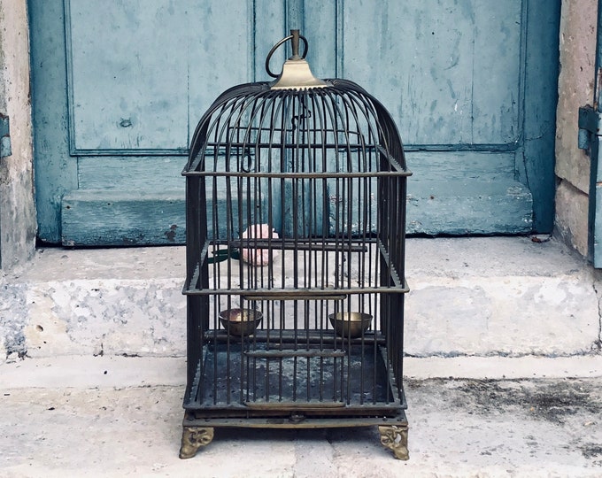 A stunning solid heavy gauge bronze antique French Belle Époque conservatory birdcage - aviary - of large proportions - Brass Bird Cage