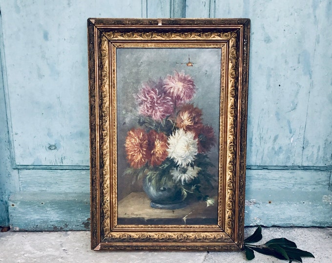 A beautiful late 19th century antique French still life oil painting on canvas - Roses dahlias oil painting - signed & dated original art