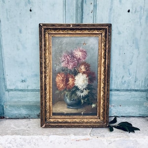 A beautiful late 19th century antique French still life oil painting on canvas - Roses dahlias oil painting - signed & dated original art