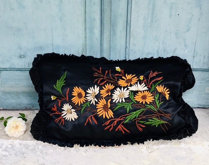 A beautiful antique hand embroidered pillow, French cushion in Silk embroidery on satin, French Belle Époque, handmade and embroidered.