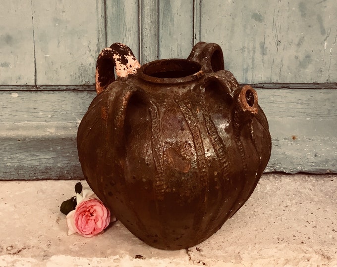 French oil pot - large antique french glazed terra cotta olive - walnut -  oil cruche - urn - vessel - shipping - confit pot